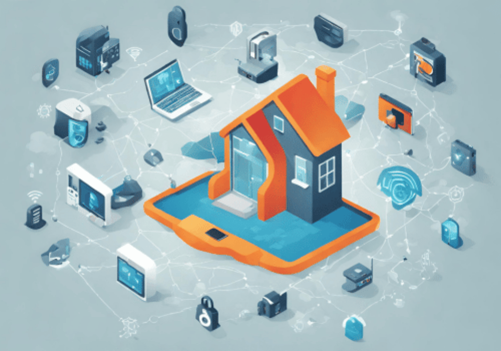 Isometric smart home technology network illustration.