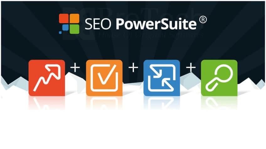 SEO PowerSuite logo with four colored icons.
