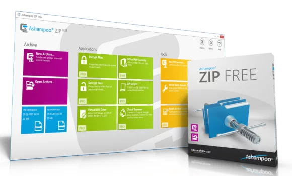 Ashampoo ZIP Free software interface and product box.